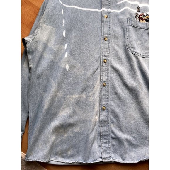 VINTAGE LOONEY TUNES DENIM LONG SLEEVE BUTTON UP SHIRT SIZE LARGE 90S Y2K HYPE - Picture 5 of 8